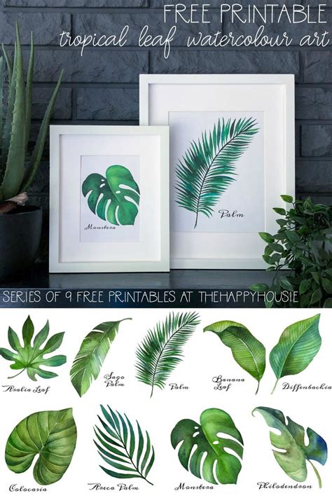 The Printable Tropical Leaf Watercolor Art Is Displayed In Front Of A Brick Wall