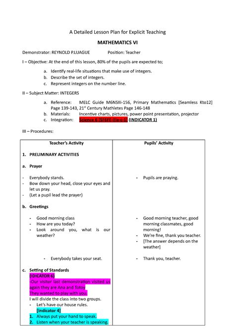 1 Cot 2022 Detailed Lesson Plan A Detailed Lesson Plan For Explicit Teaching Mathematics Vi