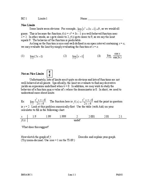 Limits Worksheet For Higher Ed Lesson Planet