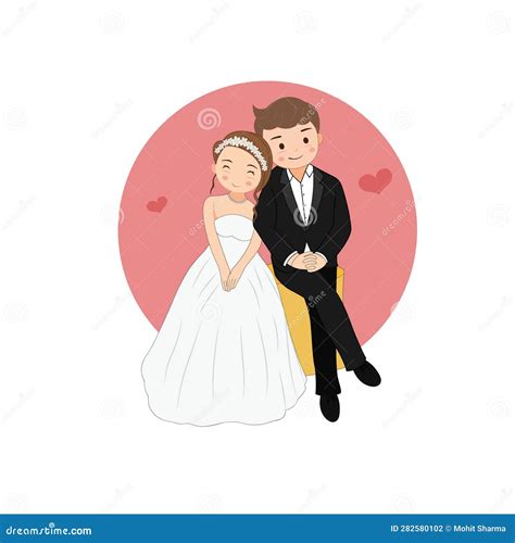 Art Wedding Couple Sitting On Table Using Art Illustration Stock