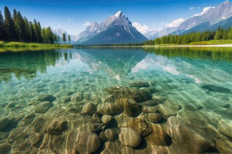 Crystal Clear Lake With Reflection Of Towering Mountain Range Stock