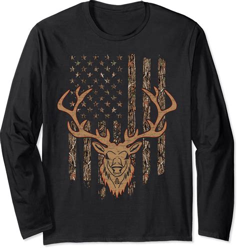 Deer Hunting Lover American Flag Camouflage Buck Stag Skull Long Sleeve T Shirt