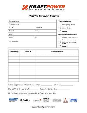 Fillable Online Parts Order Form Kraft Power Fax Email Print PdfFiller