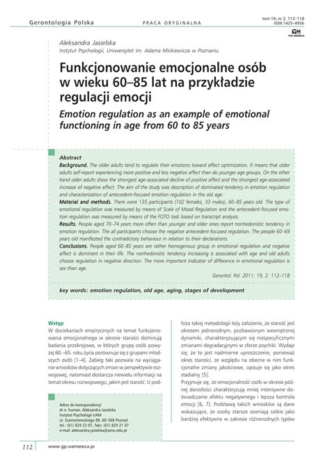 Pdf Funkcjonowanie Emocjonalne Os B W Wieku Lat Na Przyk Adzie