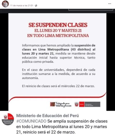 El Minedu no publicó un comunicado anunciando la suspensión de clases