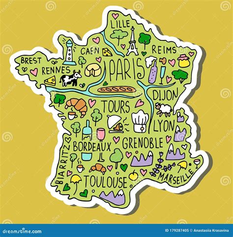 Colored Hand Drawn Doodle France Map City Names Lettering And Cartoon