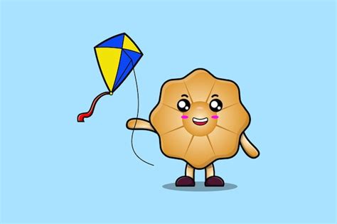 Premium Vector Cute Cartoon Cookies Character Playing Kite Flying