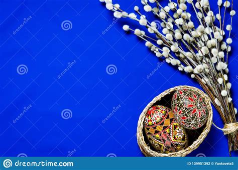 Easter Pussy Willow And Easter Egg On Blue Background Happy Easter Card Stock Photo Image Of