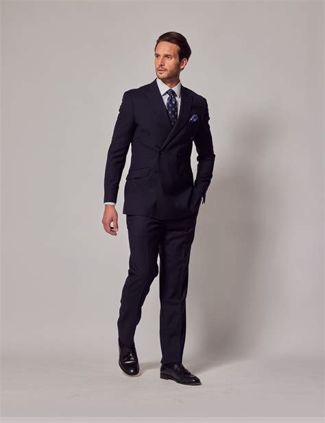 Men S Navy Blue Twill Slim Double Breasted Fit Suit Hawes Curtis