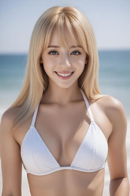 Premium Photo A Blonde Woman In A White Bikini Is Posing On The Beach
