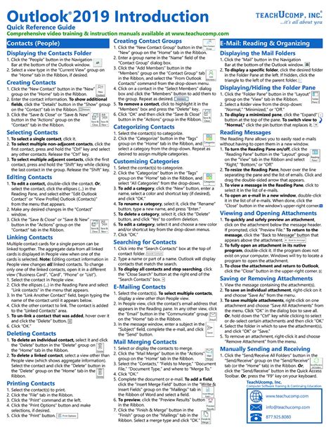 Microsoft Outlook 2019 Introduction Quick Reference Training Tutorial Guide Cheat Sheet Of