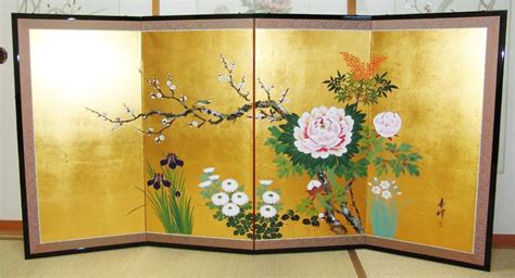 Japanese Traditional Hand Painted Byobu Gold Leaf Folding Screen