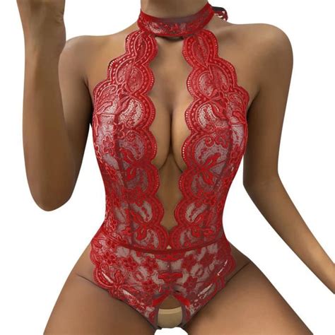 Licol Lingerie Sexy en Dentelle Col V Classique pour Femmes Rouge Dentelle Rembourrée