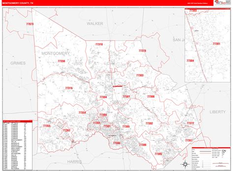 Montgomery County Tx Zip Code Wall Map Red Line Style By Marketmaps