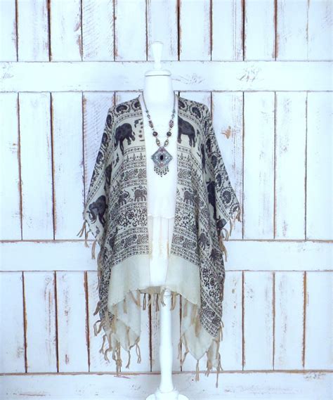 Sheer Beige Brown Elephant Tribal Print Handmade Kimono Cardigan Tassel