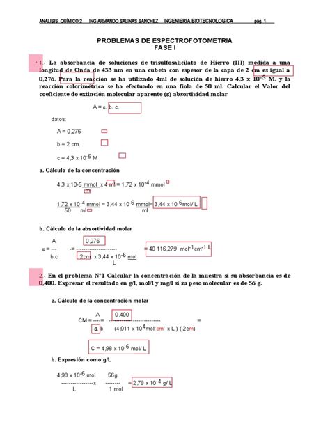 Problemas De Espectrofotometria Pdf Manganeso Concentración