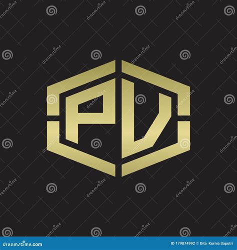 Pv Logo Monogram With Hexagon Shape And Piece Line Rounded Design Tamplate On Gold Colors Stock