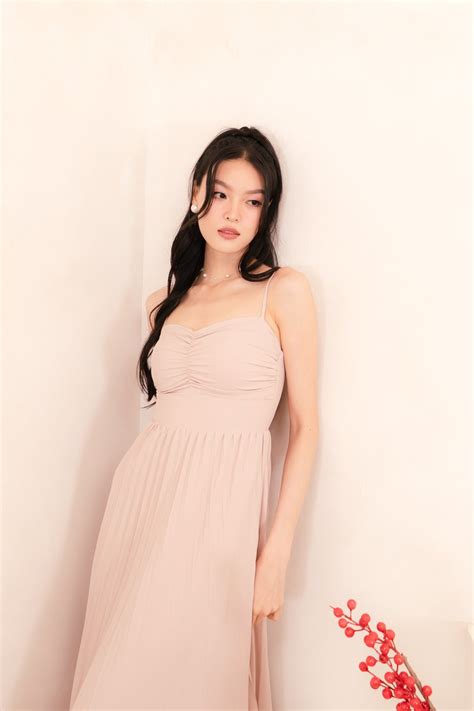 Grace Pleated Midi Dress In Nude Pink Mikayla