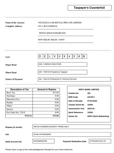 Tds Challan 94 J Company Tds February 2023 Delhi Pdf
