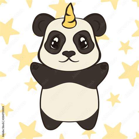 Cute Panda Bear Character With Unicorn Horn Isolated Panda Unicorn In