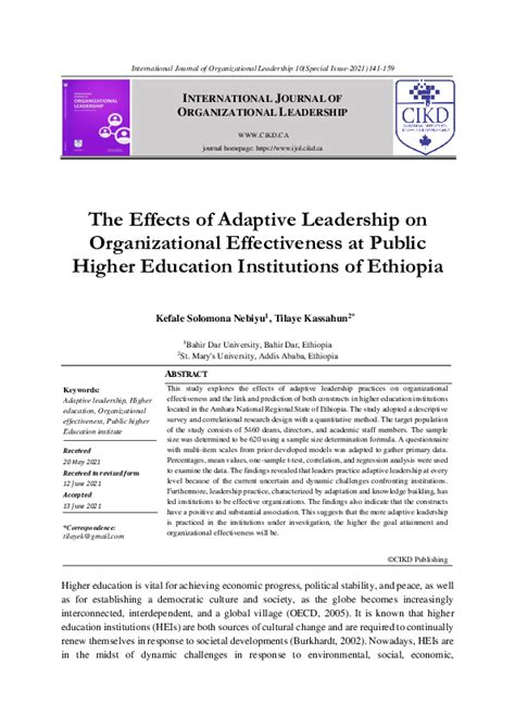 Pdf The Effects Of Adaptive Leadership On Organizational