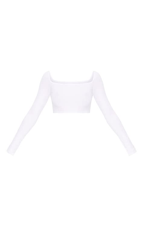 White Ribbed Square Neckline Longsleeve Top Tops Prettylittlething