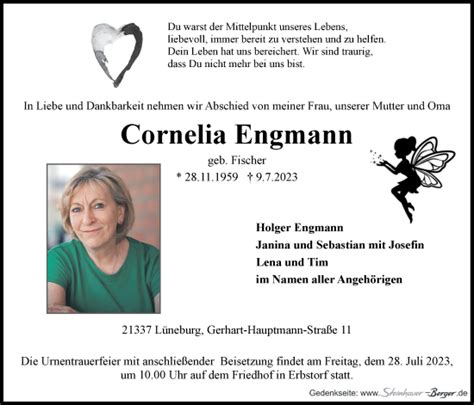 Traueranzeigen von Cornelia Engmann Trauer Lüneburg de