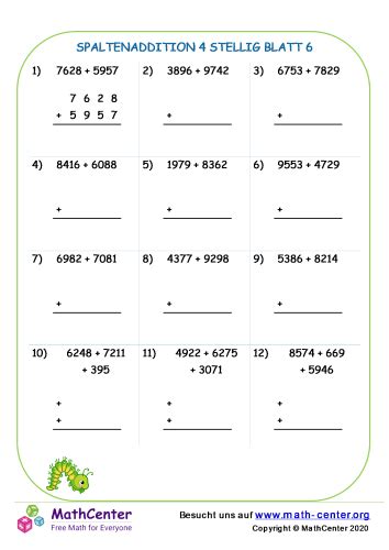 Spaltenaddition 4 Stellig Blatt 6 Arbeitsblätter Math Center