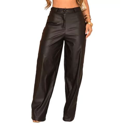 Calça Feminina Couro Fake Premium Pantalona Alta Wide Leg