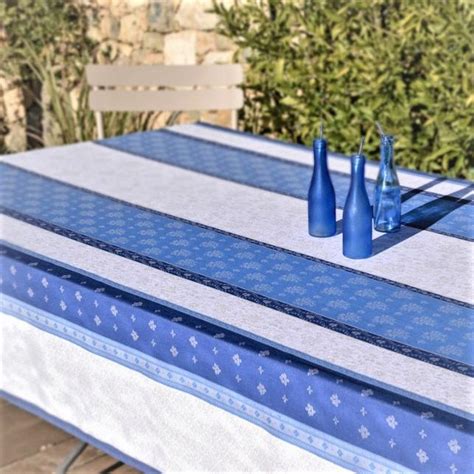 Tissu Au M Tre Jacquard Enduit Fontvieille Blanc Bleu Cm De Large