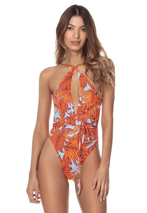 Vestido De Baño Azul Naranja Maaji Swimwear Learn Safari Plunge