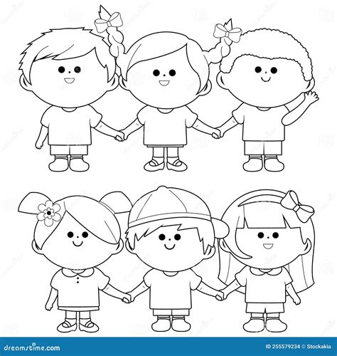 Group Of Children Holding Hands Vector Black And White Coloring Page