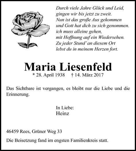 Traueranzeigen Von Maria Liesenfeld Trauer In Nrw De