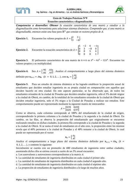 TP N9 Ecuación característica y diagonalización Álgebra Lineal 2023