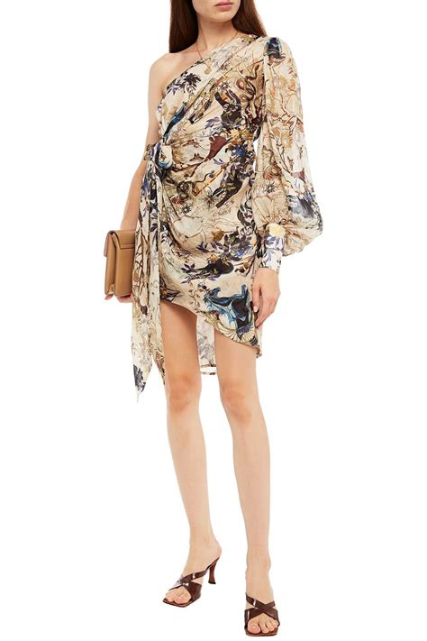 LEO LIN One Shoulder Gathered Printed Linen And Silk Blend Mini Dress