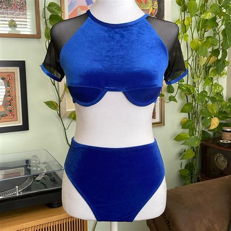 Chromat Blue Velvet Bikini With Mesh Sleeves Xs S Gem