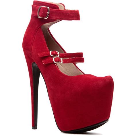 Cicihot Red Faux Suede Sky High Ankle Strap Platform Pumps Dress