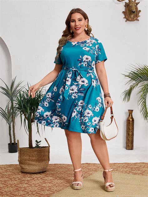 Emery Rose Plus Floral Print A Line Belted Dress Shein Usa