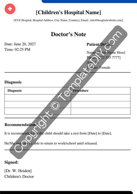 Children's Hospital Doctors Note Template Printable PDF Word