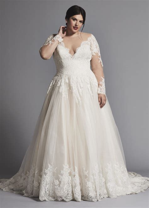 Plus Size A Line V Neck Lace Wedding Dress With Illusion Long Sleeves Plus Size Wedding