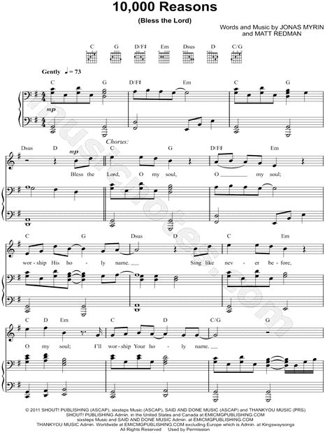 Matt Redman 10 000 Reasons Bless The Lord Sheet Music In G Major