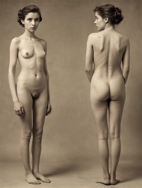 Vintage Nude Posture Study Anorexic Yearold Woman Depicting Front And