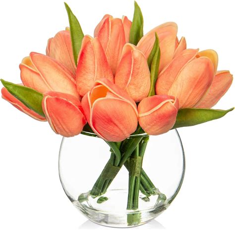 Dilatata Artificial Peach Tulips In Vase With Faux Water Real Touch