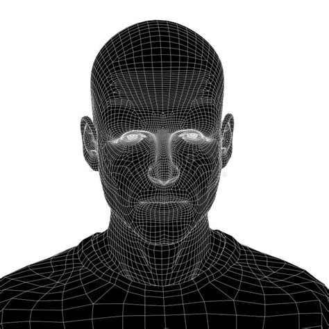 Conceptual 3d Wireframe Human Male Or Man Face Or Head Stock