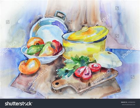 Watercolor Still Life Vegetables Pot Stock Illustration 249584950