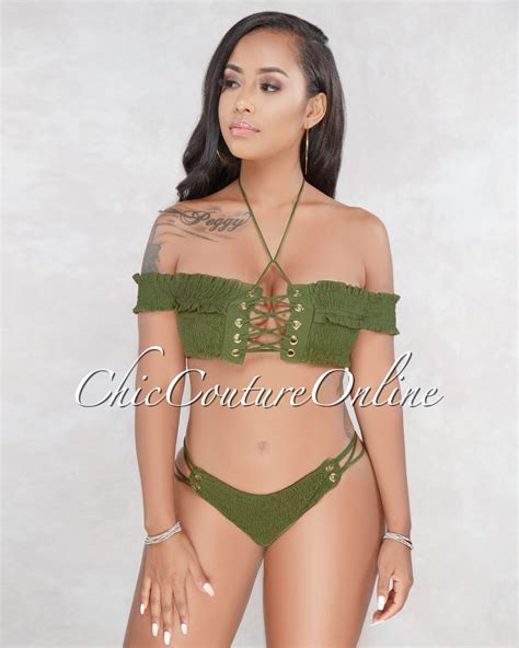 Lisa Olive Green Smocked Bikini Set Bikinis Smocked Bikini Bikini Set