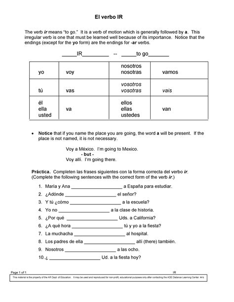 Ir Worksheet Spanish Unite 1 Lecture Notes And Cheat Sheet For Exams El Verbo Ir Page 1 Of 1