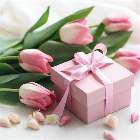 Premium AI Image A Pink Box With A Ribbon Tied Around It And A Bunch