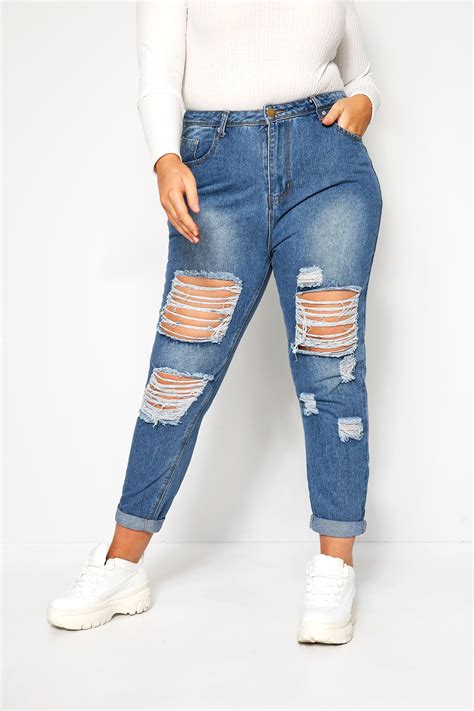 Blue Extreme Ripped Mom Jeans Yours Clothing