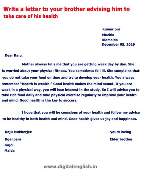 Letter Your Brother To Take Care Of His Health Digital English